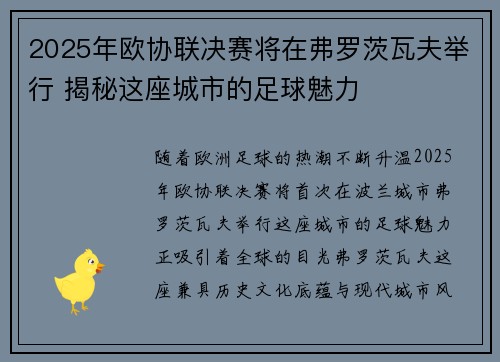 2025年欧协联决赛将在弗罗茨瓦夫举行 揭秘这座城市的足球魅力