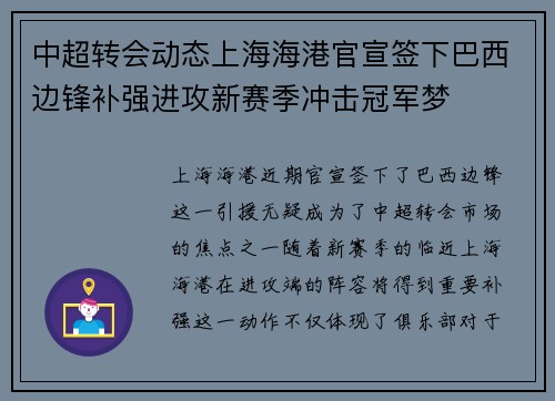 中超转会动态上海海港官宣签下巴西边锋补强进攻新赛季冲击冠军梦 中超转会动态上海海港官宣签下巴西边锋补强进攻新赛季冲击冠军梦